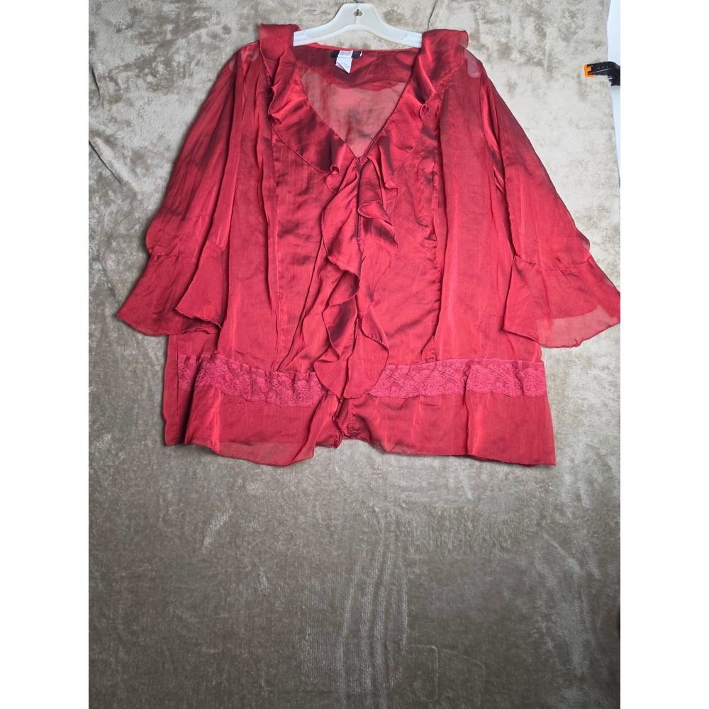 Studio 1940 Red Ruffle V-Neck Blouse Lace Trim Bell Sleeve Sheer Top Women 18/20